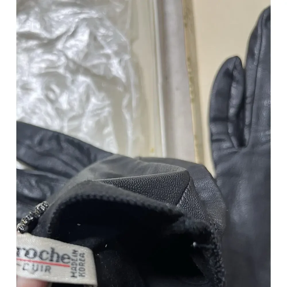 Vintage Guy La Roche Black Leather Gloves Size Small Rhinestone Coquette Retro